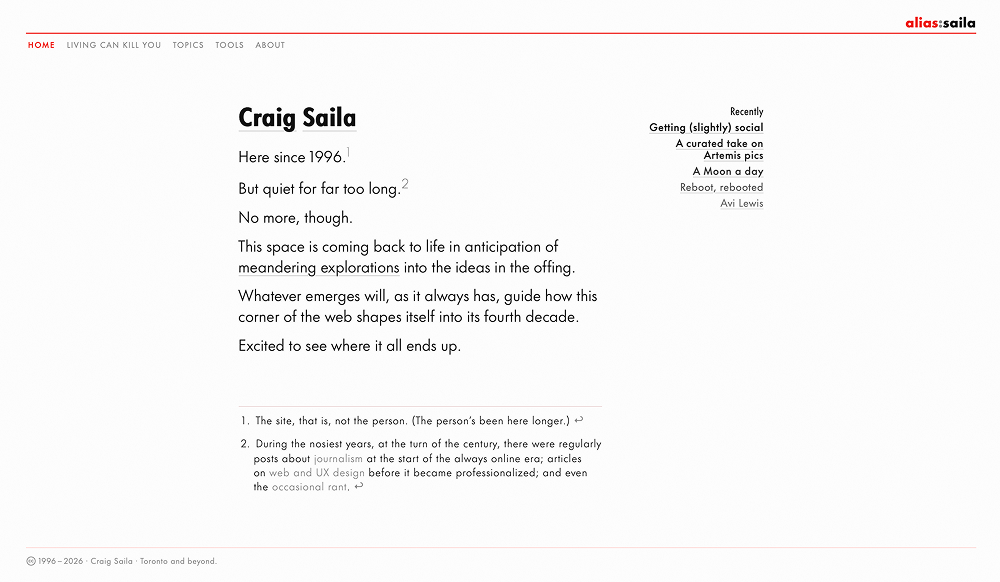 A simple text based homepage with a small logo in the top right that says alias:saila