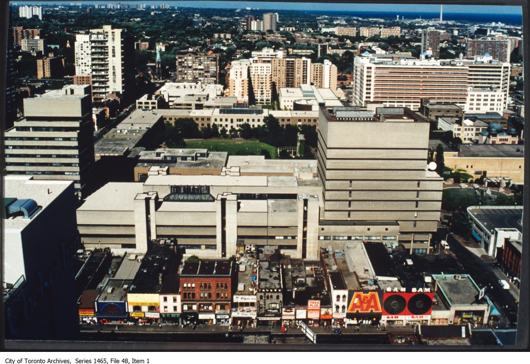 An overhead shot of downtown Toronto, with Yonge St at the bottom of the frame and the Ryerson University filling in most of the image